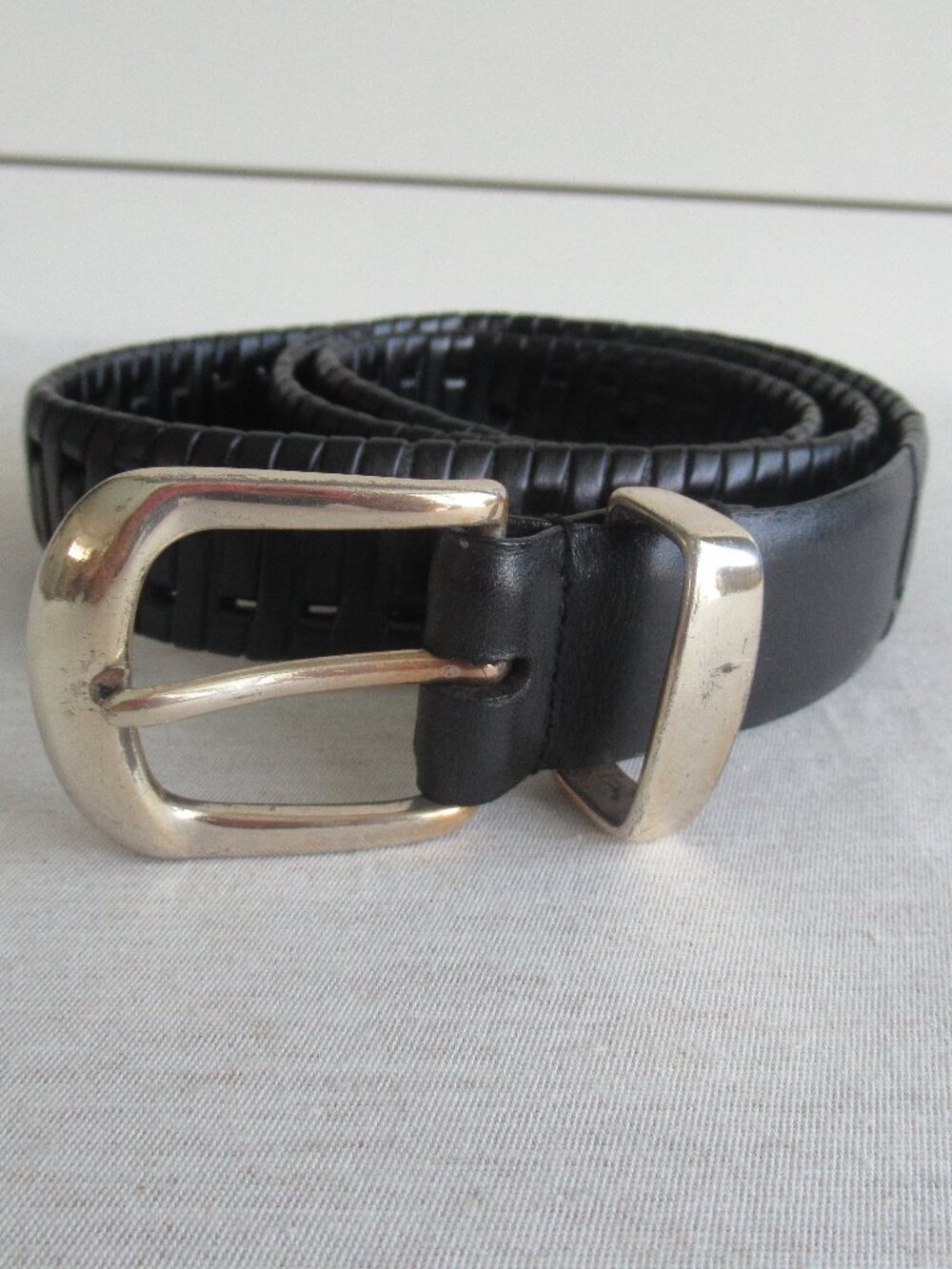 Women’s Leather Braided Belt, Silver Buckle Size 32, or Small, in Black Leather